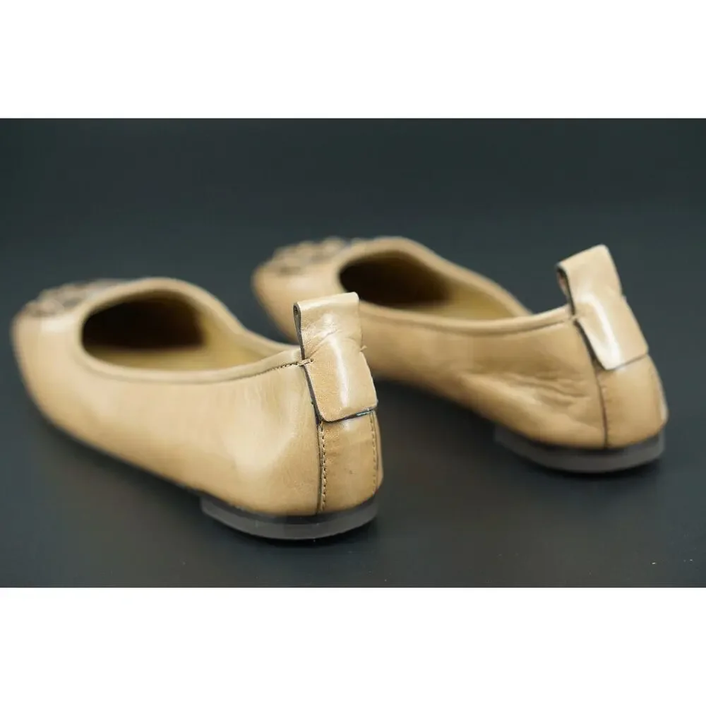 Tory Burch Ines Ballet Flat Leather Size 7.5 Square Toe Logo Tan Almond Rare